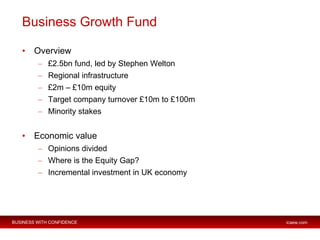 Business Growth Fund  <ul><li>Overview </li></ul><ul><ul><li>£2.5bn fund, led by Stephen Welton </li></ul></ul><ul><ul><li...